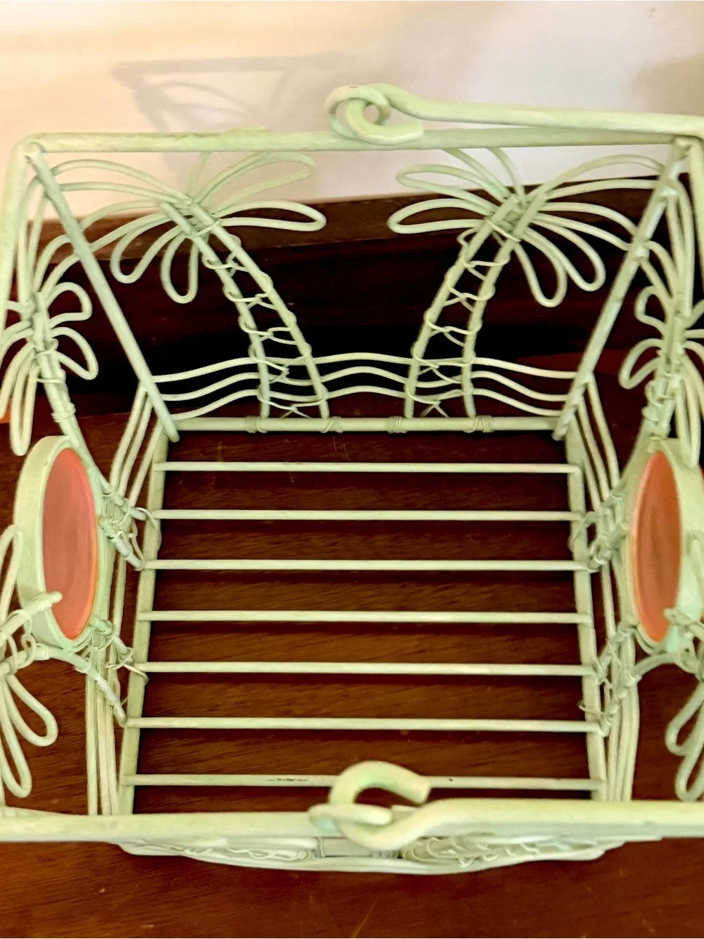Vintage Mint Green Palm Tree Wire Basket Pink Flamingo Glass Retro Boho Decor